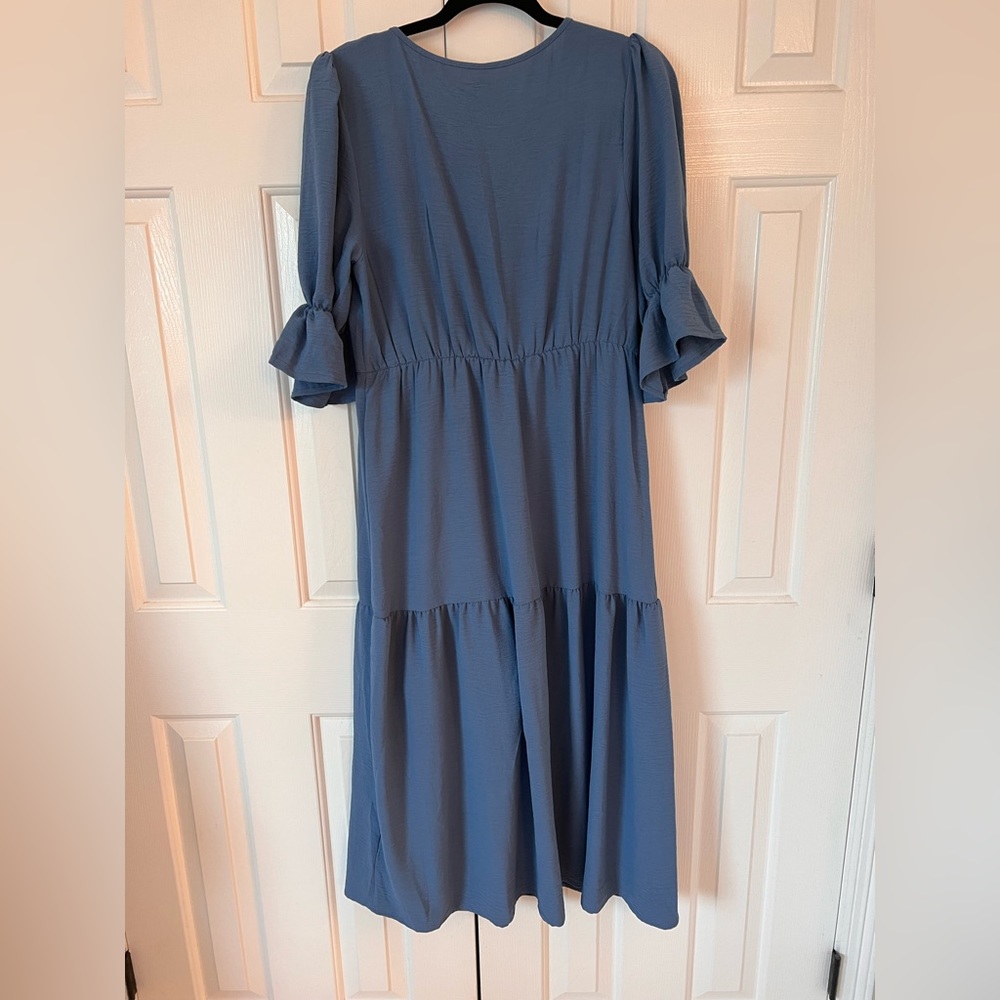 V Neck 3/4 Puff Sleeve Smocked Long Ruffle Midi Dress - Picture 4 of 8